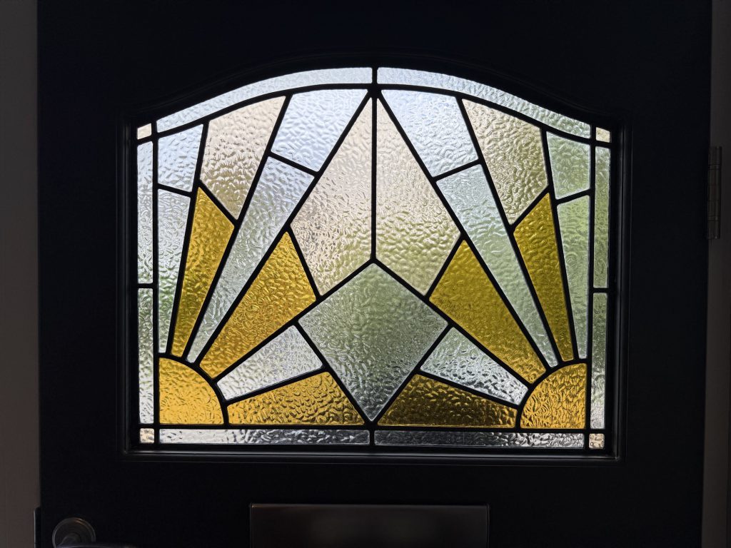 Commission stained glass door fanlight art deco sunray gold