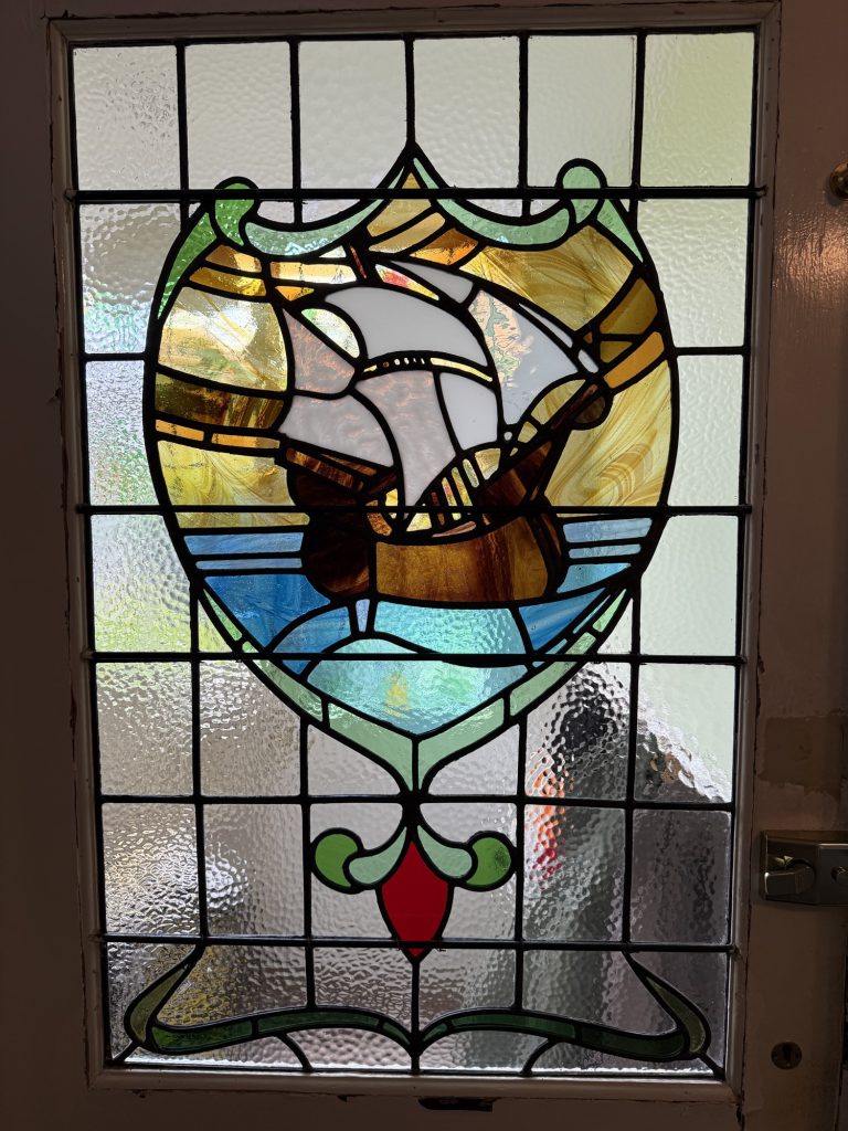Commission stained glass door galleon ship