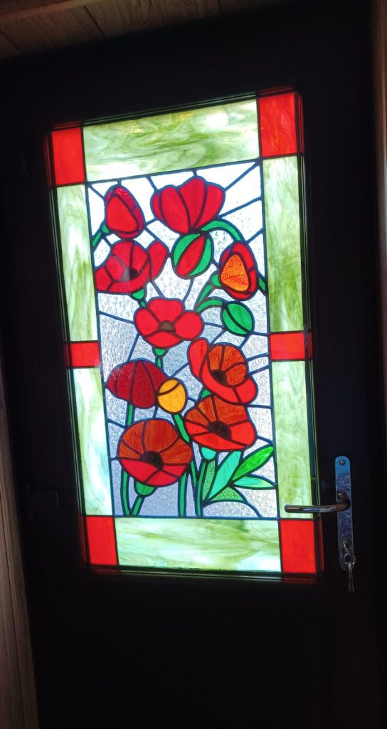 Commission stained glass door poppies