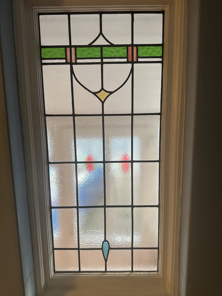 Commission stained glass door sidelight art deco bar teardrop