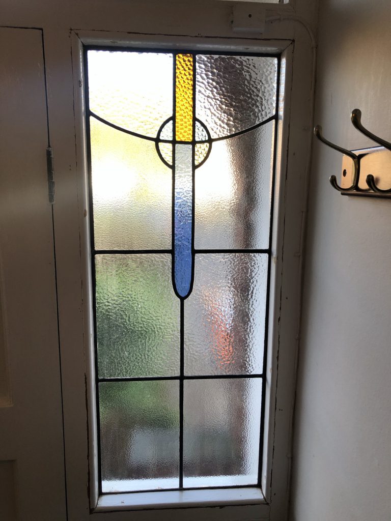 Commission stained glass door sidelight art nouveau blue teardrop