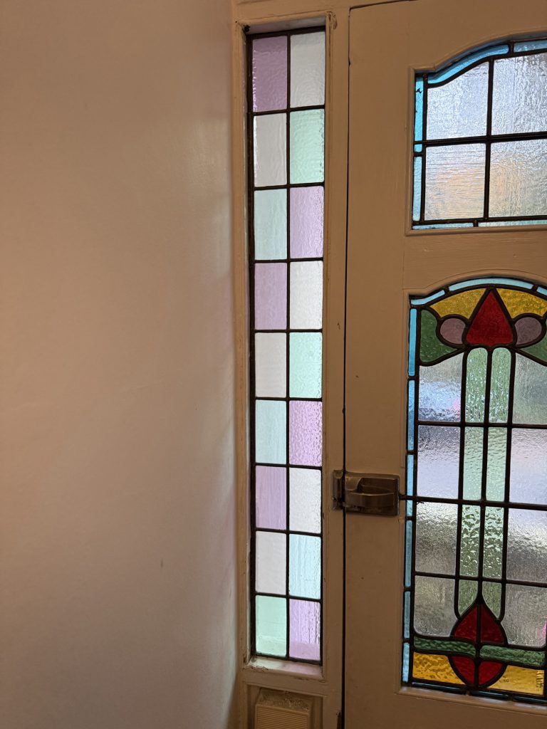 Commission stained glass door sidelight iridescent pink squares