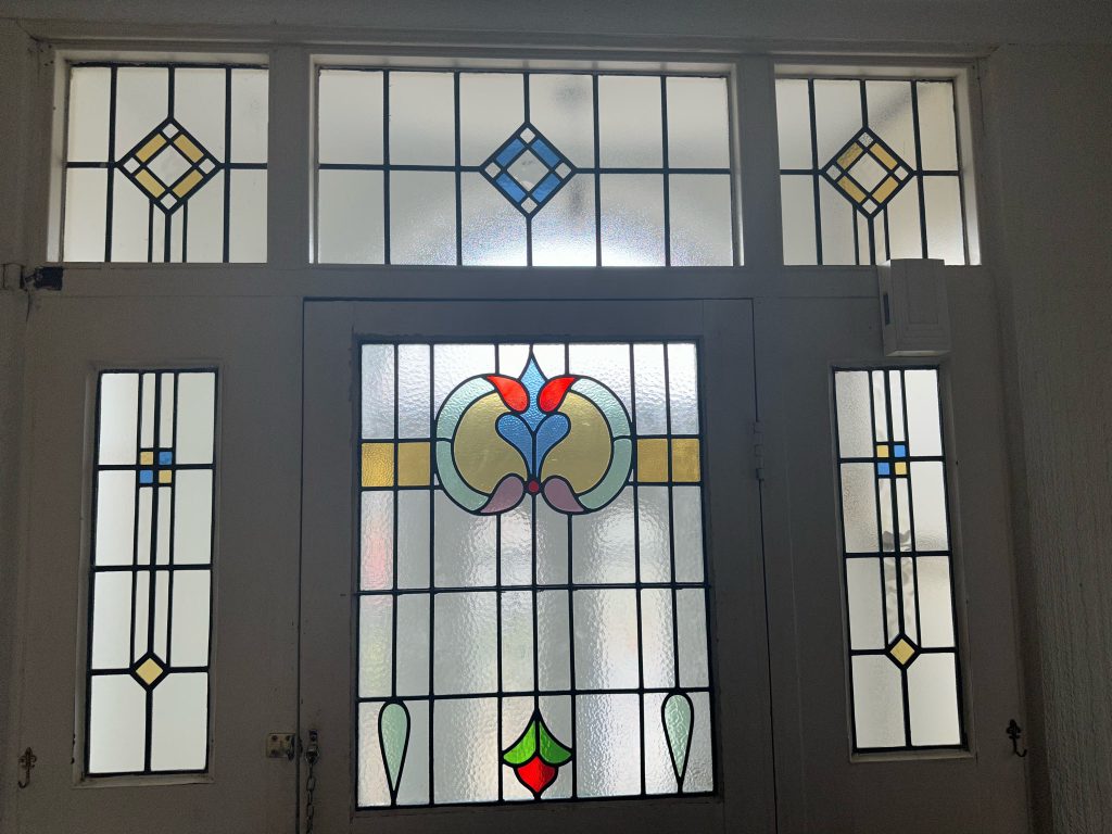 Commission stained glass door sidelights transom art nouveau