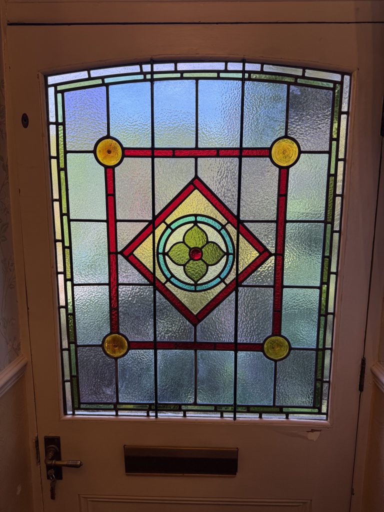 Commission stained glass door victorian diamond medallion amber