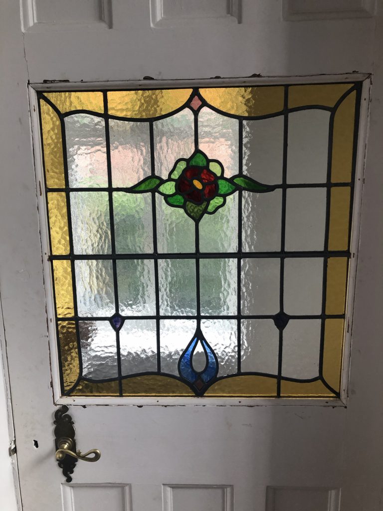 Commission stained glass door victorian floral medallion amber