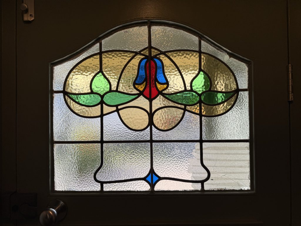 Commission stained glass door window art nouveau blue bell arched