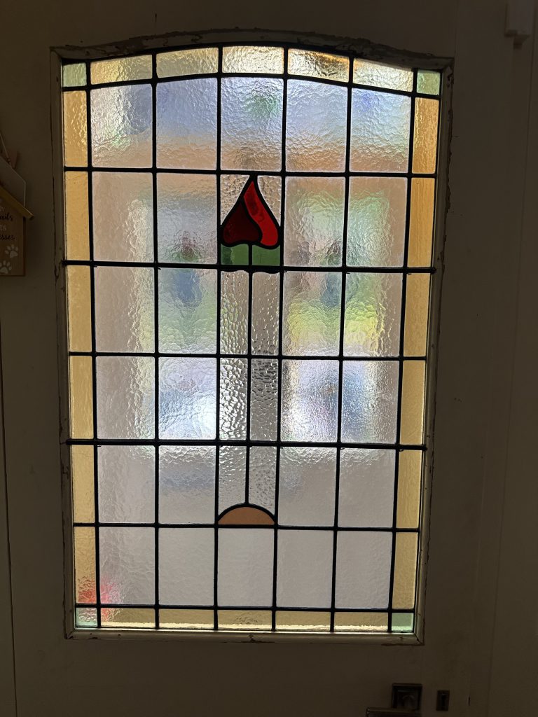 Commission stained glass door window red tulip simple arched