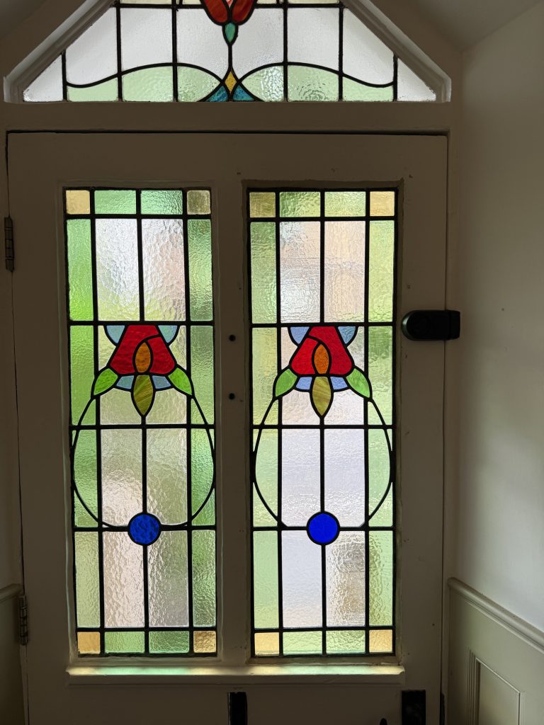 Commission stained glass double door arts crafts tulip blue roundels