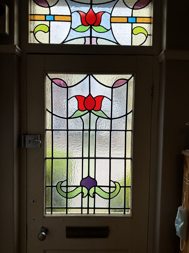 Commission stained glass front door red tulip art nouveau fanlight
