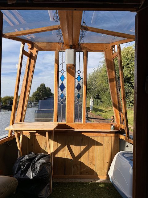 Commission stained glass narrowboat cabin blue diamond exterior