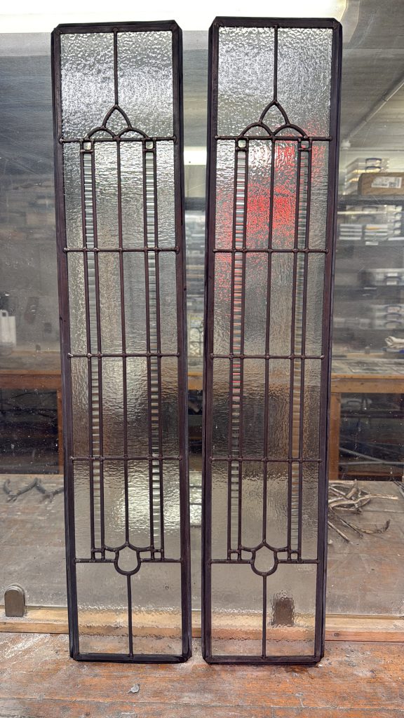 Commission stained glass sidelights geometric clear pair