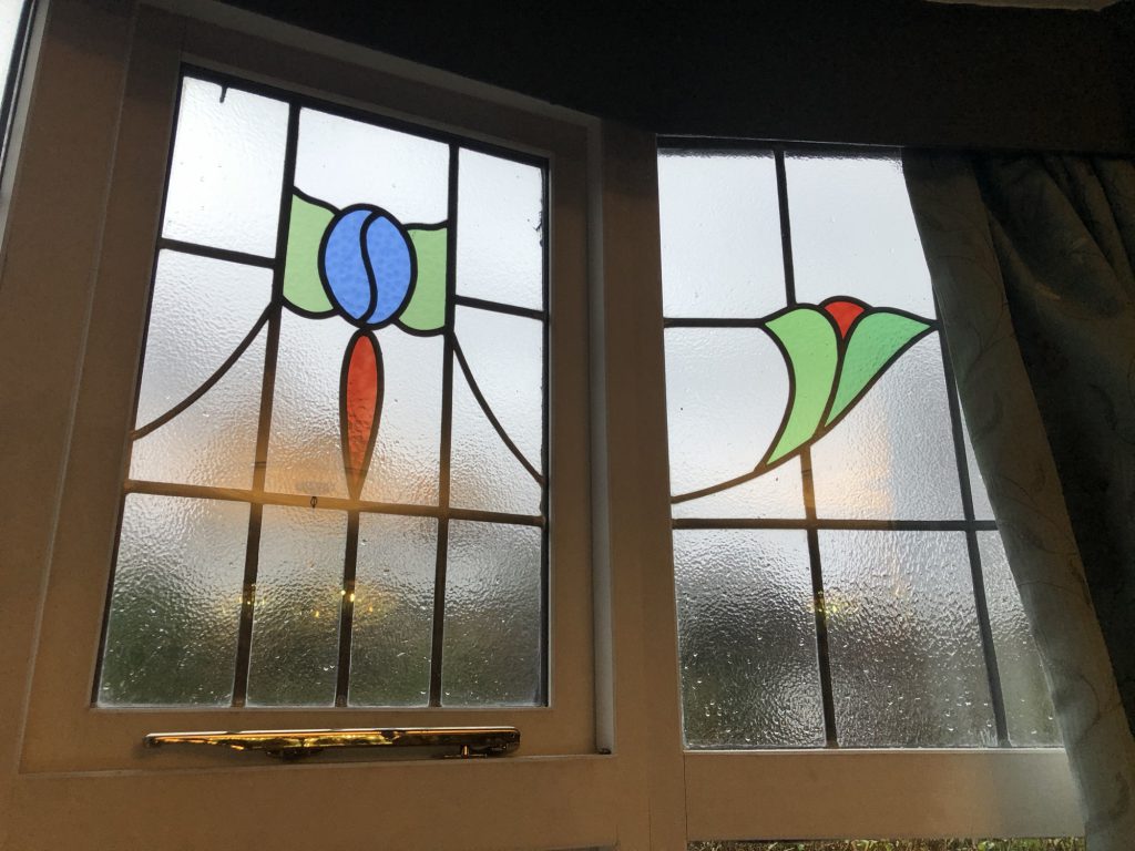 Commission stained glass window art nouveau blue tulip swag