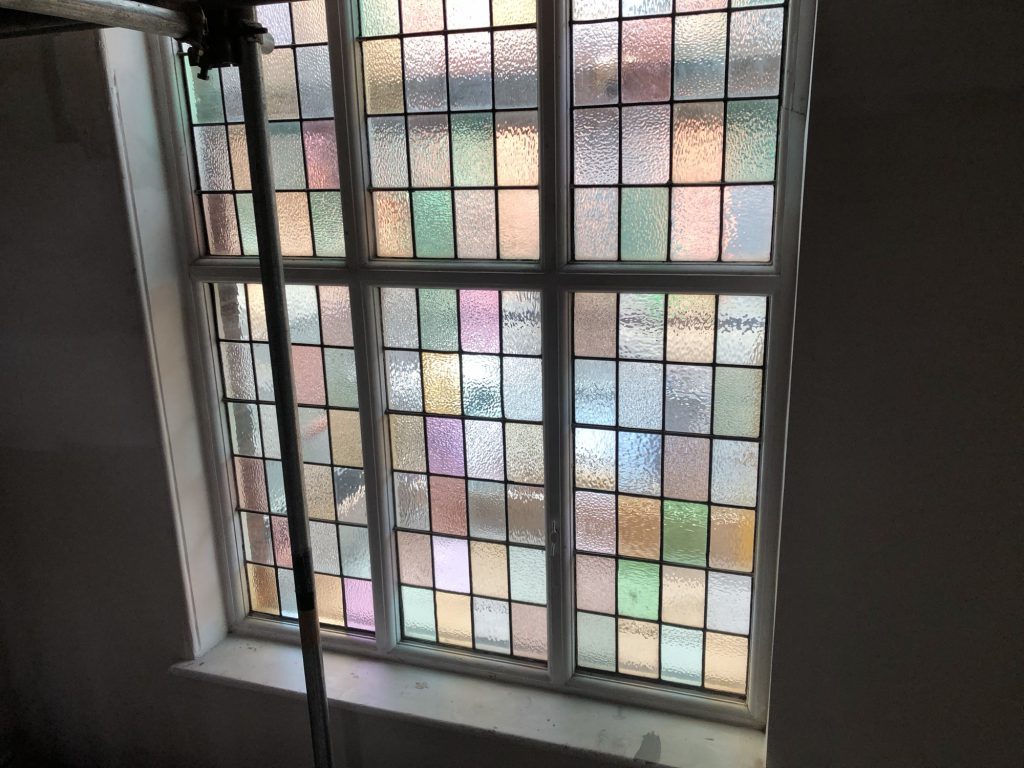 Commission stained glass window iridescent squares large landing