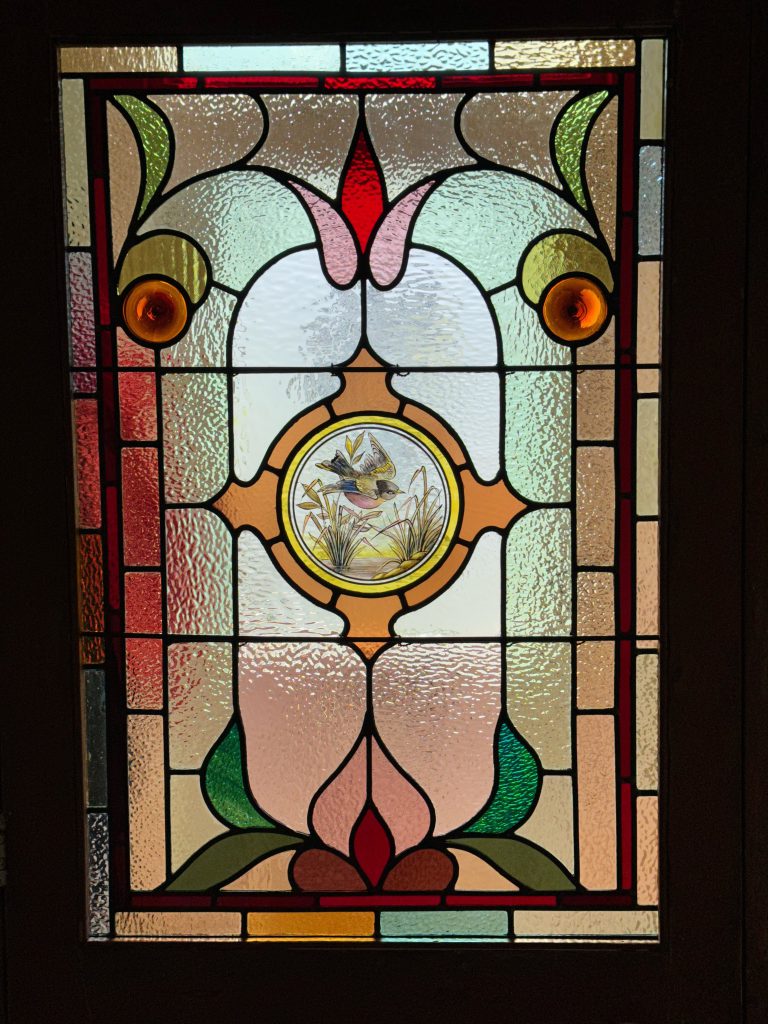 Commission victorian stained glass panel birds medallion