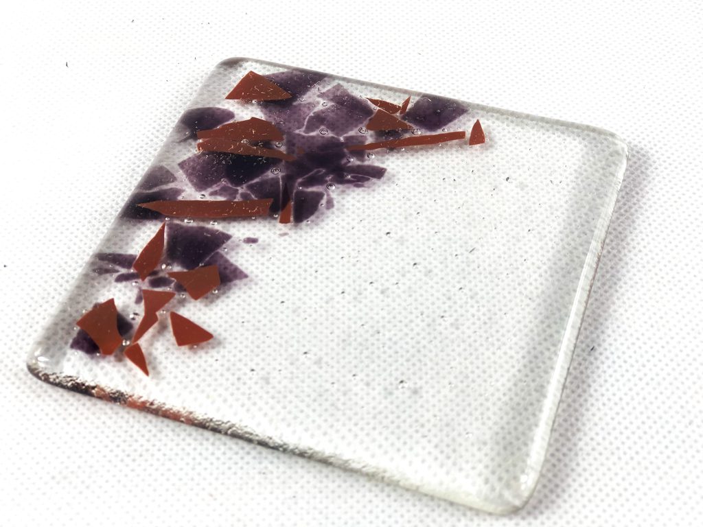 Fused glass coaster amethyst red fragments
