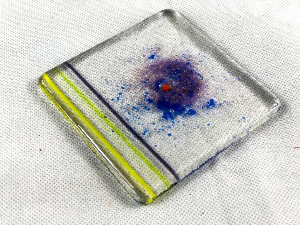 Fused glass coaster clear stripe speckle