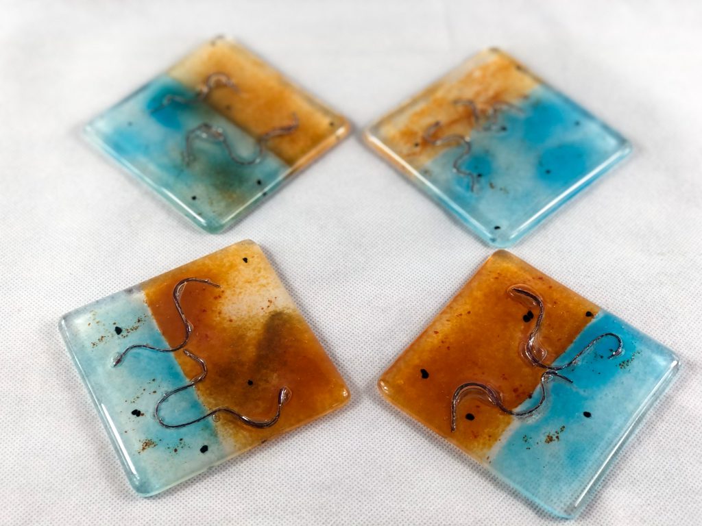 Fused glass coasters set four amber blue