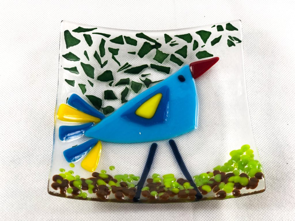 Fused glass dish blue bird