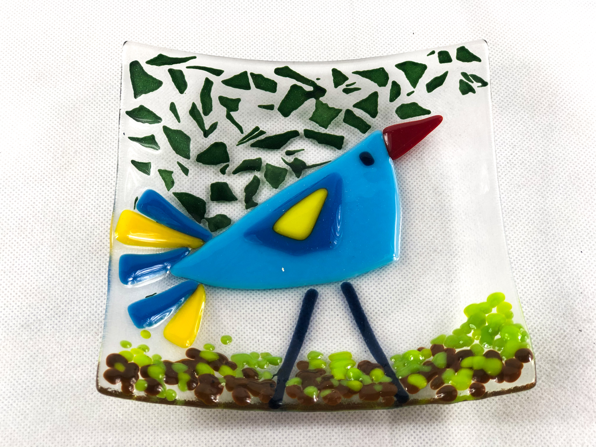 Fused glass dish with blue bird