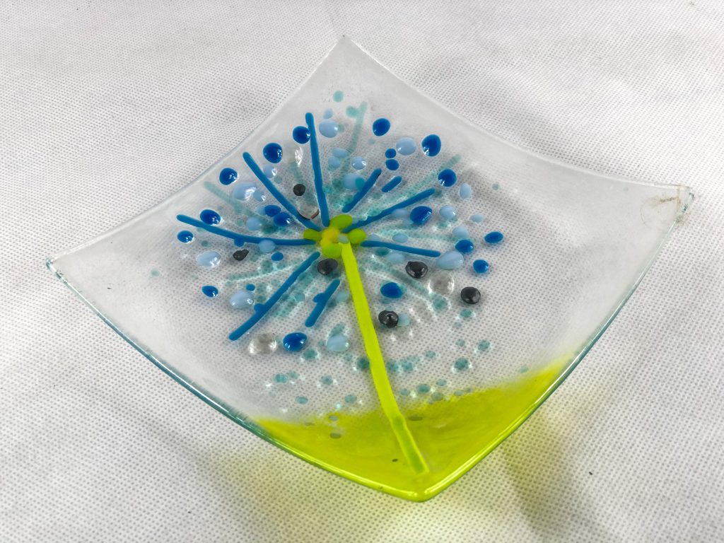 Fused glass dish dandelion blue yellow