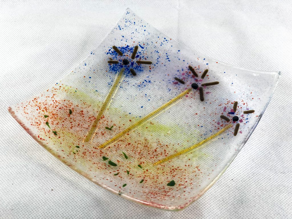Fused glass dish dandelion flowers
