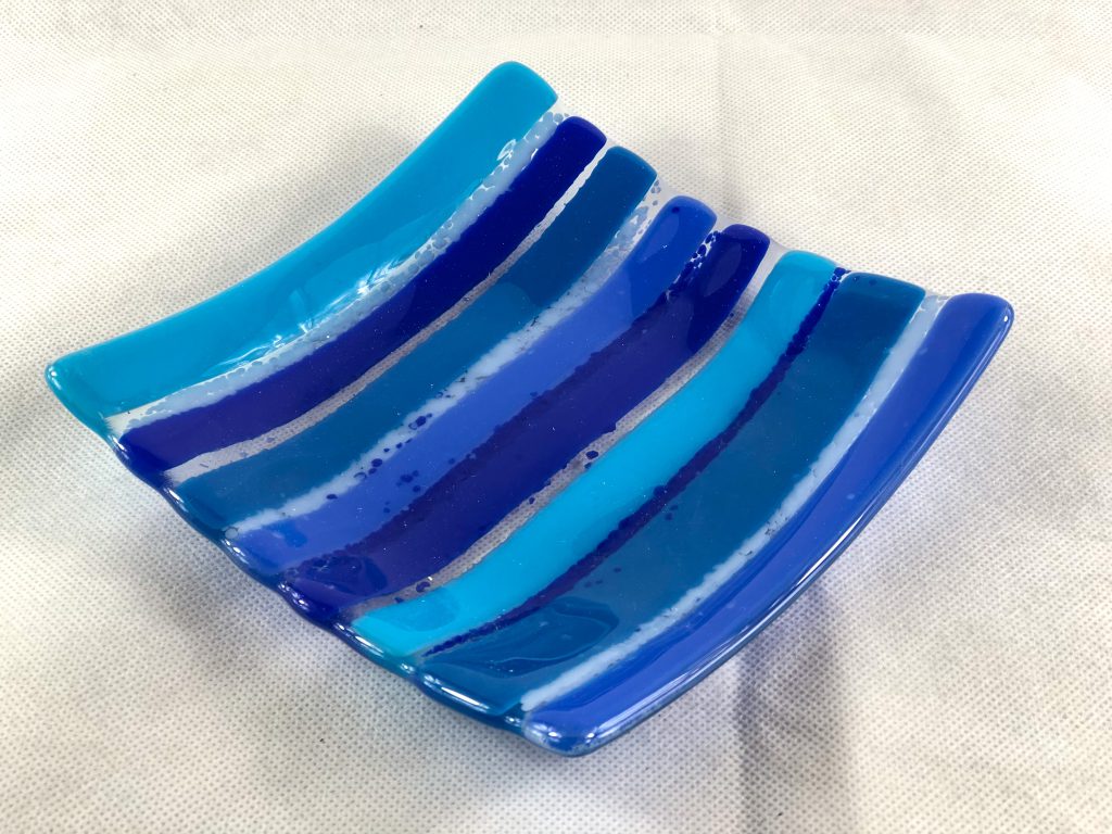 Fused glass dish striped blue
