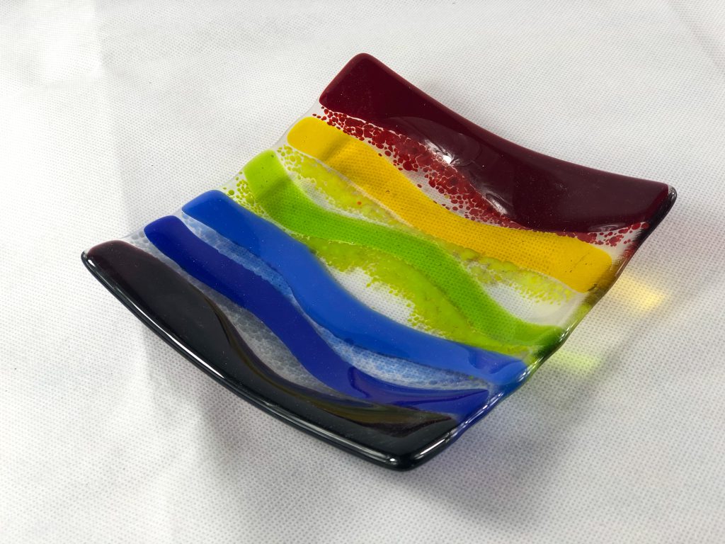Fused glass dish striped rainbow wavy