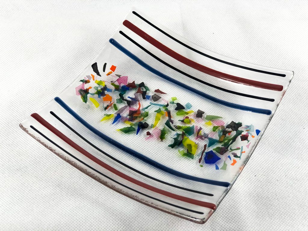 Fused glass dish stripes confetti