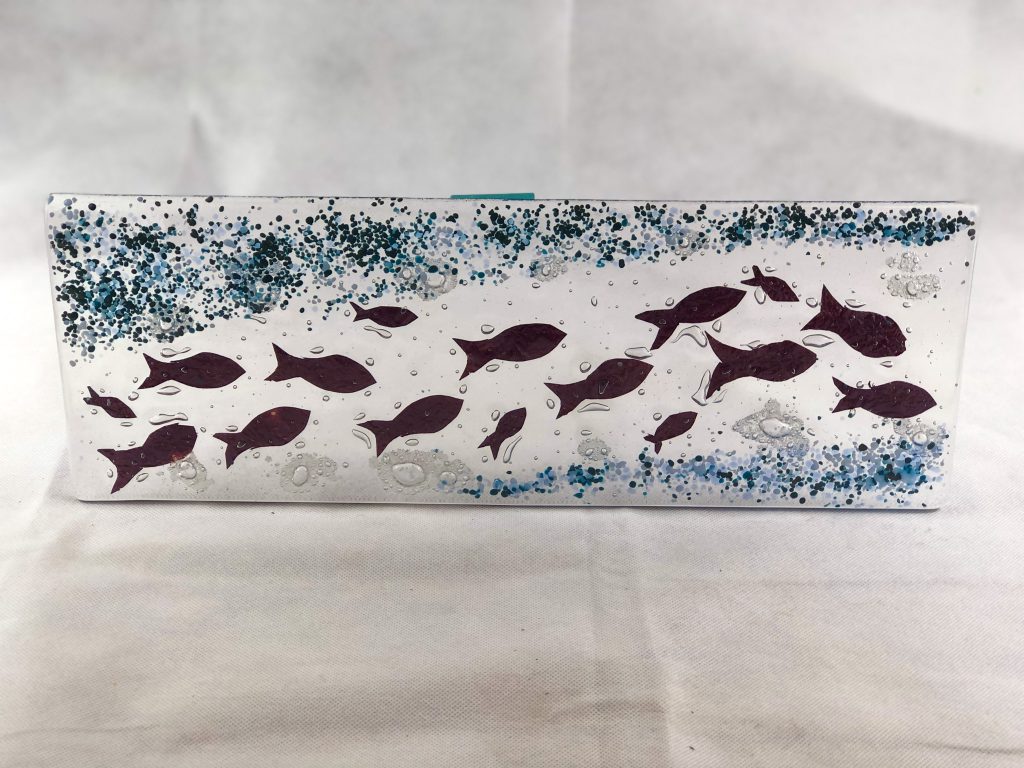 Fused glass panel fish shoal rectangular