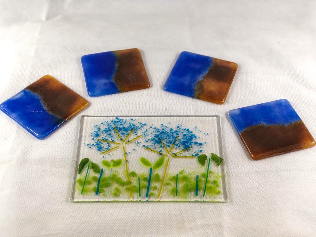 Fused glass set allium tile coasters