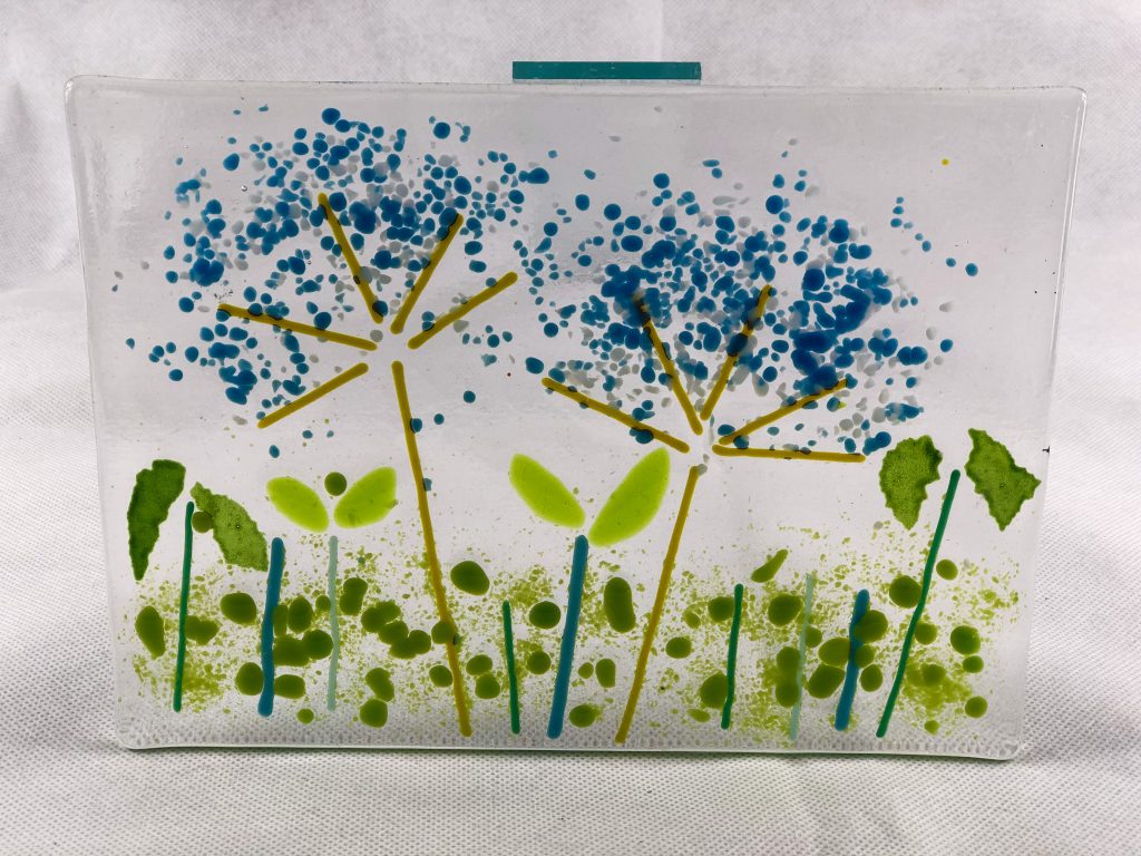 Fused glass tile allium blue flowers