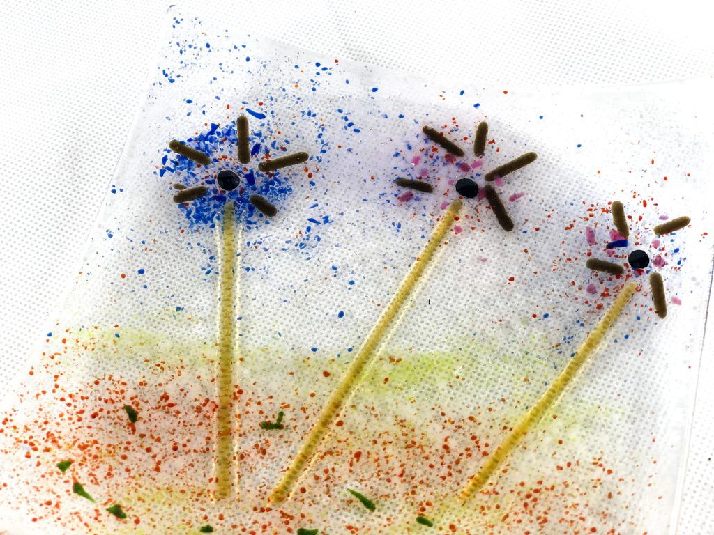 Fused glass tile dandelion blue flowers