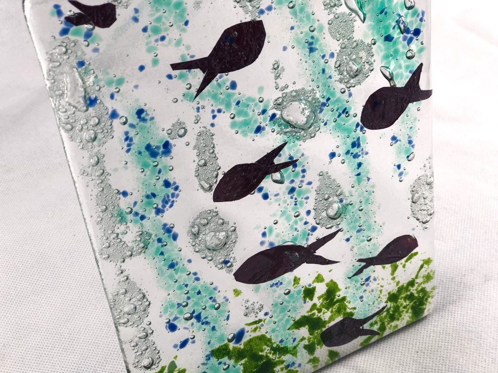 Fused glass tile fish dark teal