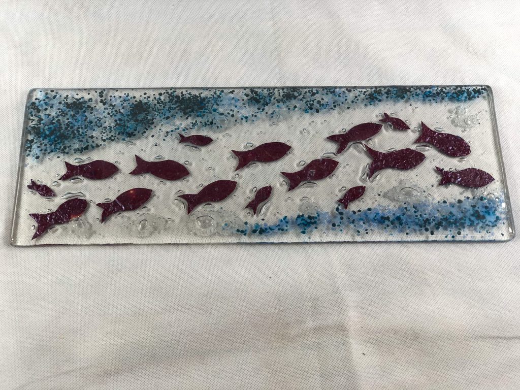 Fused glass tile fish shoal purple