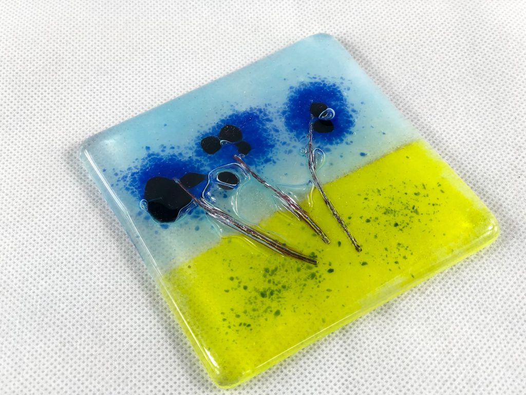 Fused glass tile flowers blue yellow