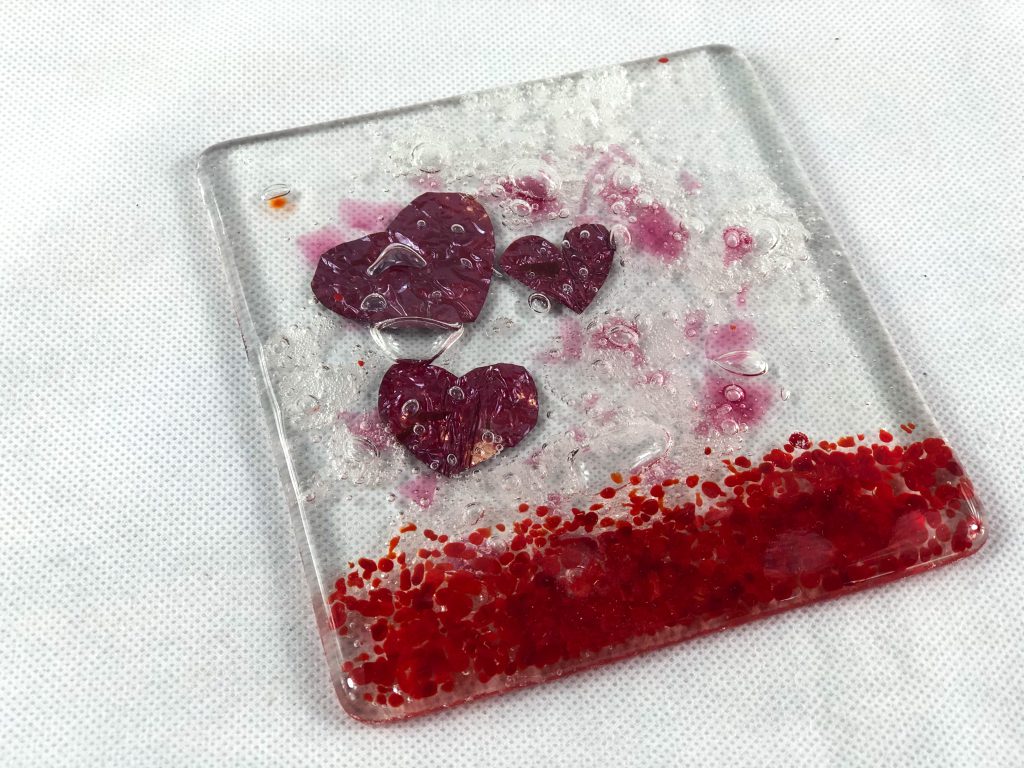 Fused glass tile hearts red pink