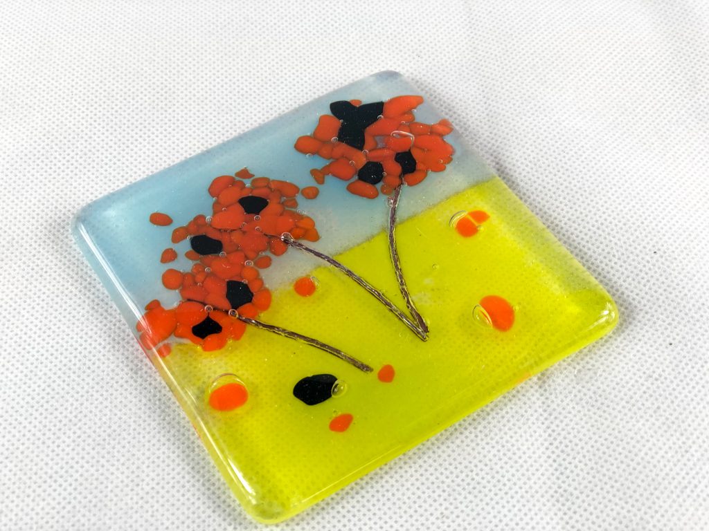 Fused glass tile poppies yellow
