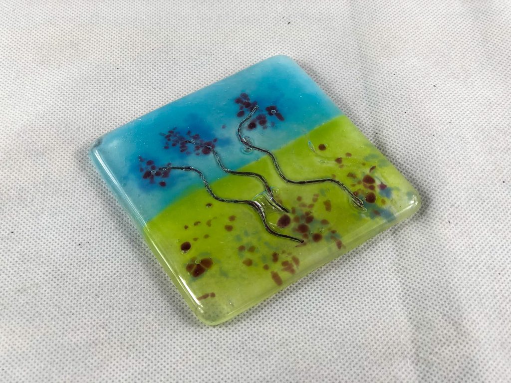 Fused glass tile tree blue green