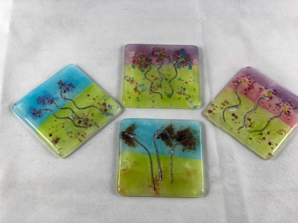 Fused glass tiles tree group four