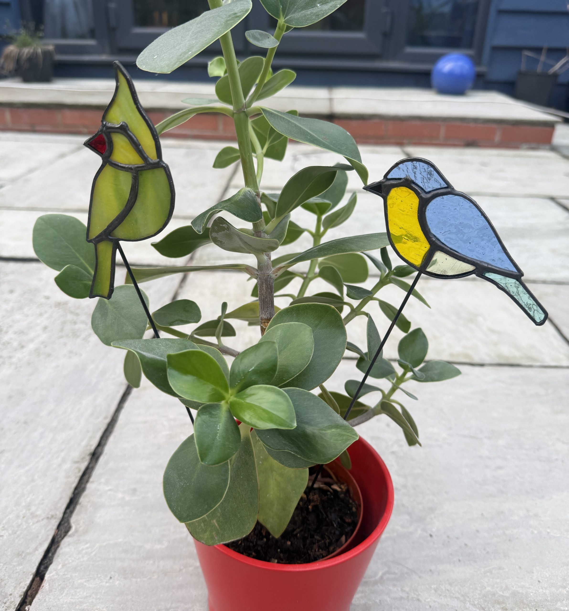 Stained glass bird plant stakes