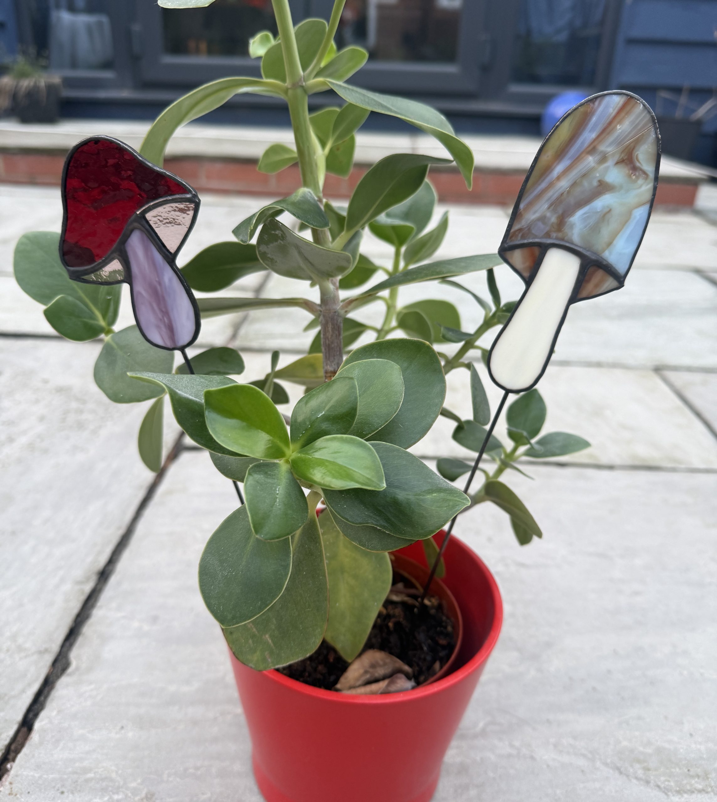 Stained glass mushroom plant stakes