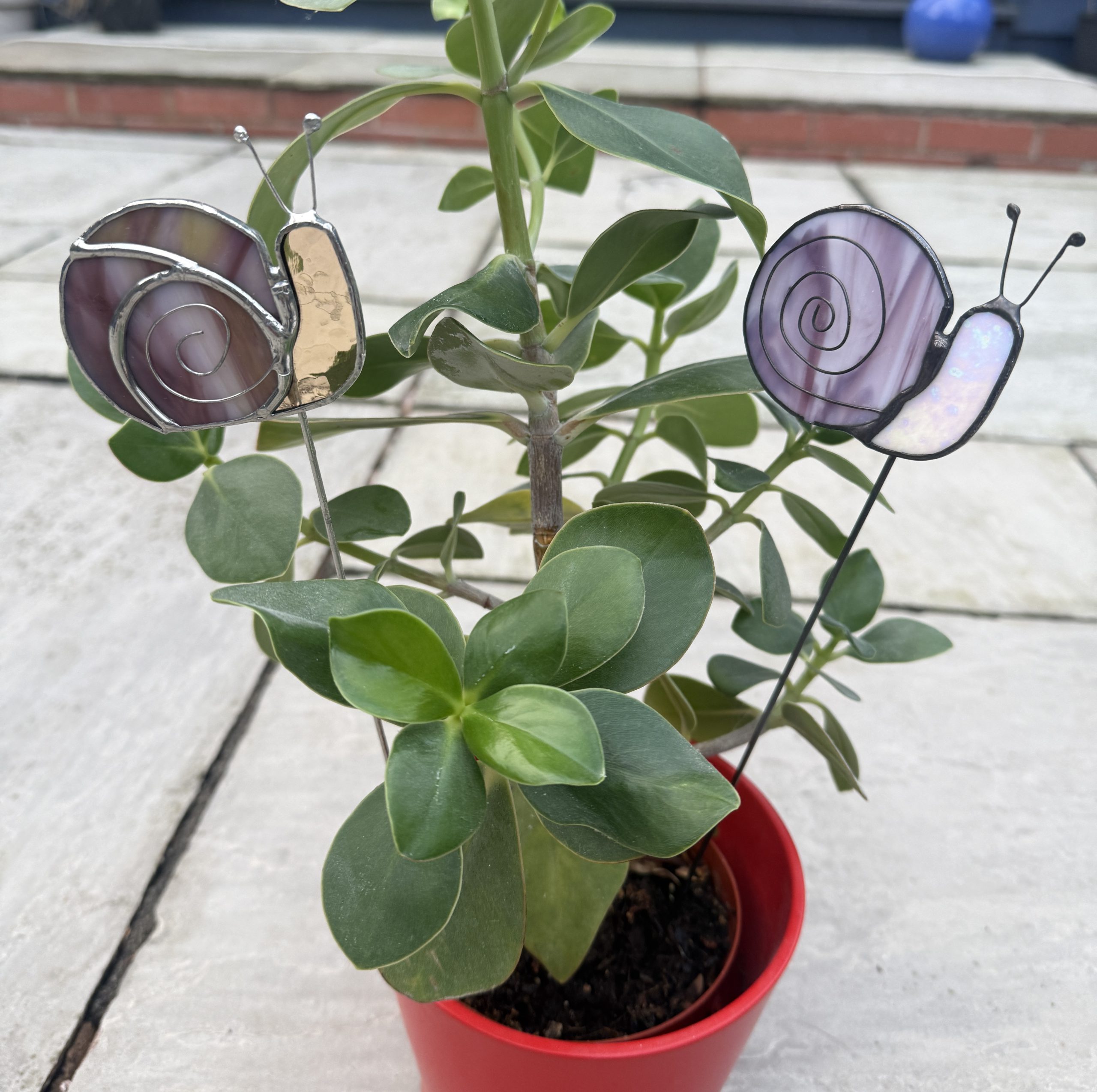 Stained glass snail plant stakes