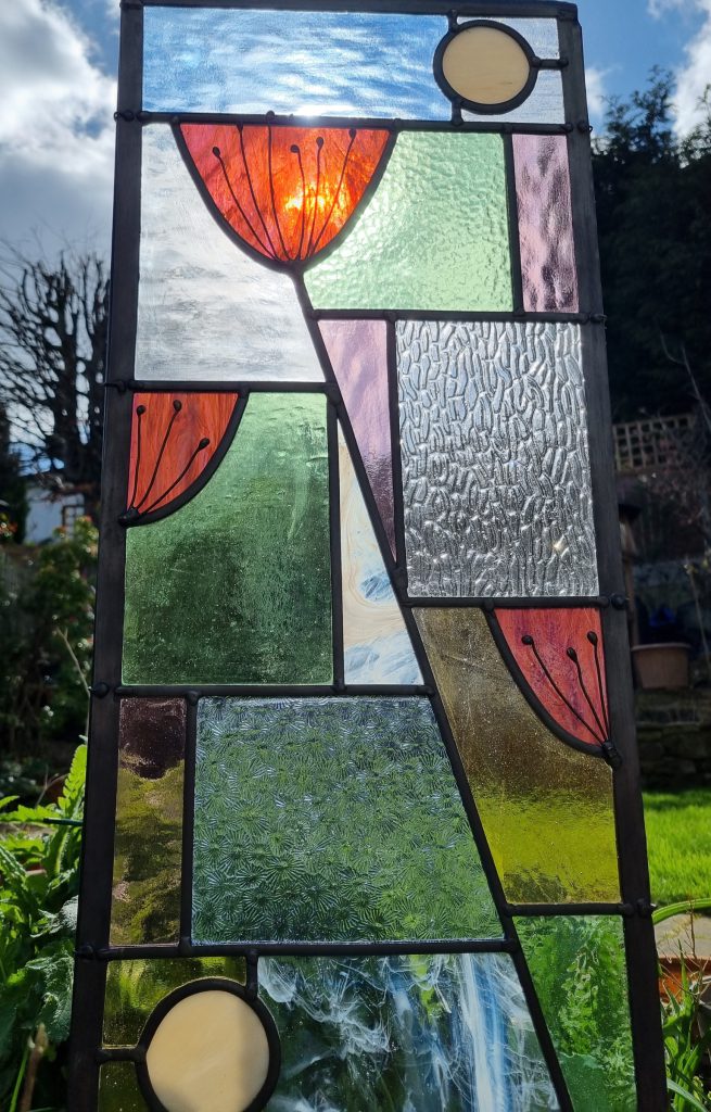 Stained glass abstract poppies circles panel c