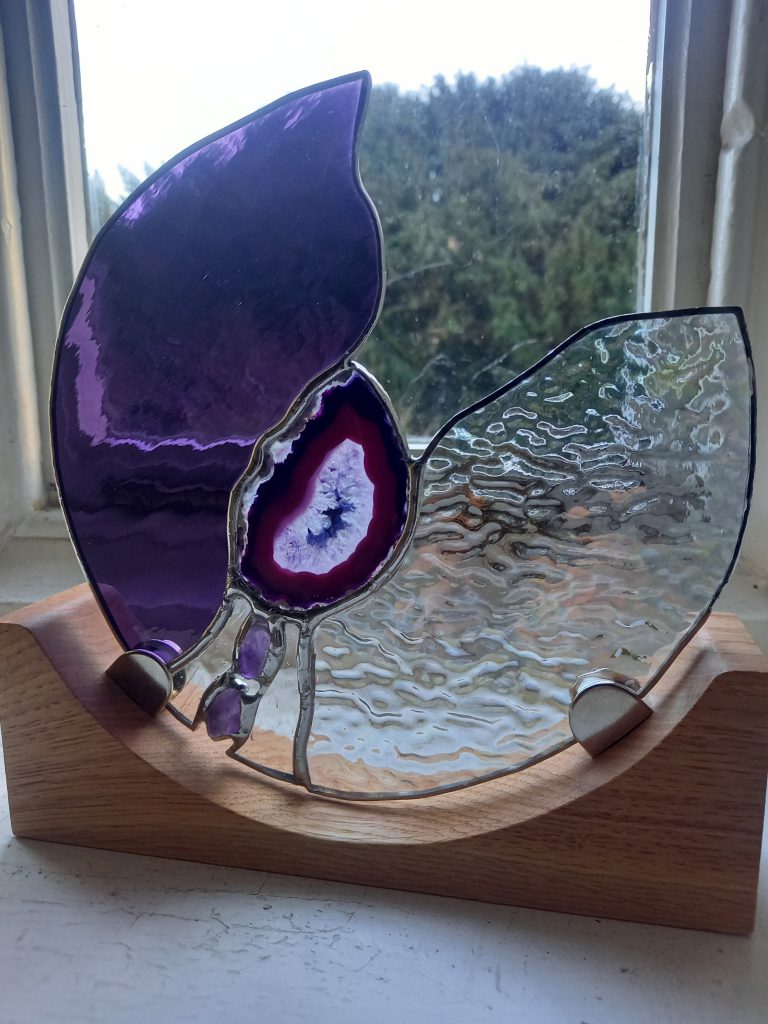 Stained glass ammonite agate purple sculpture