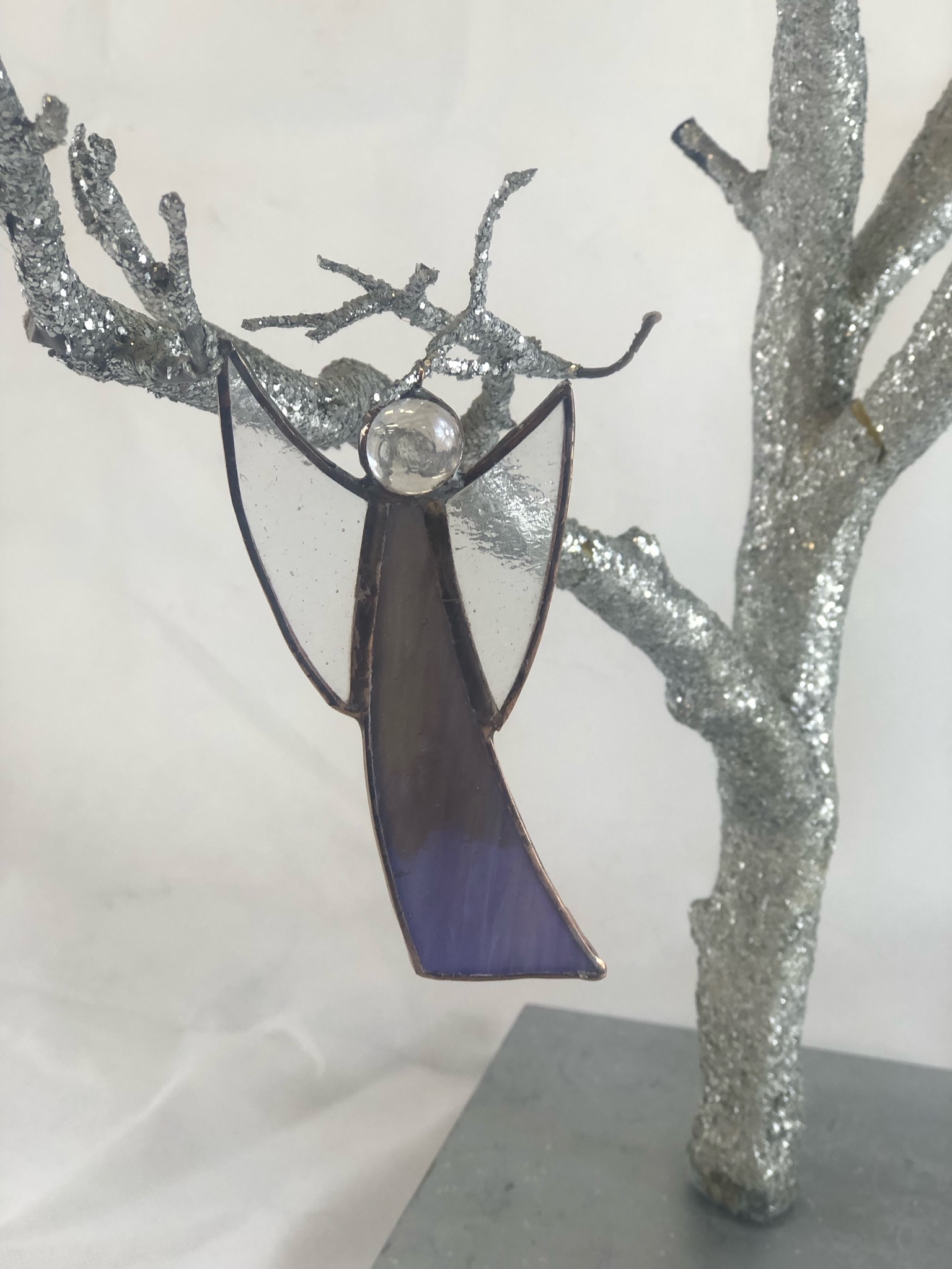 Purple and lavender stained glass angel ornament