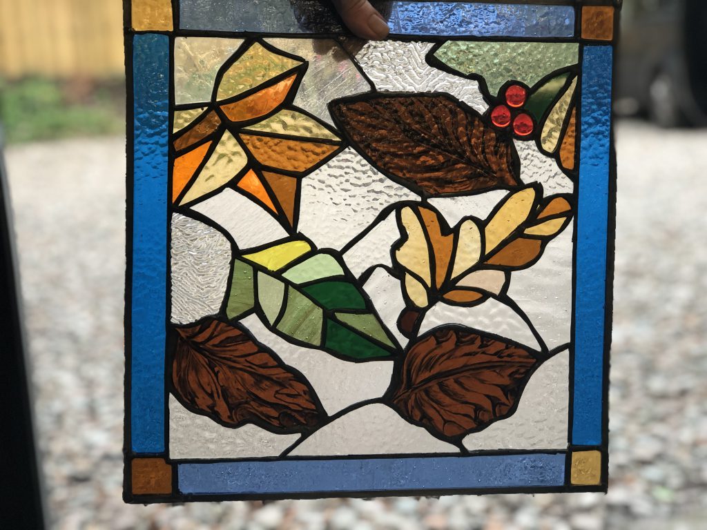 Stained glass autumn leaves holly panel b