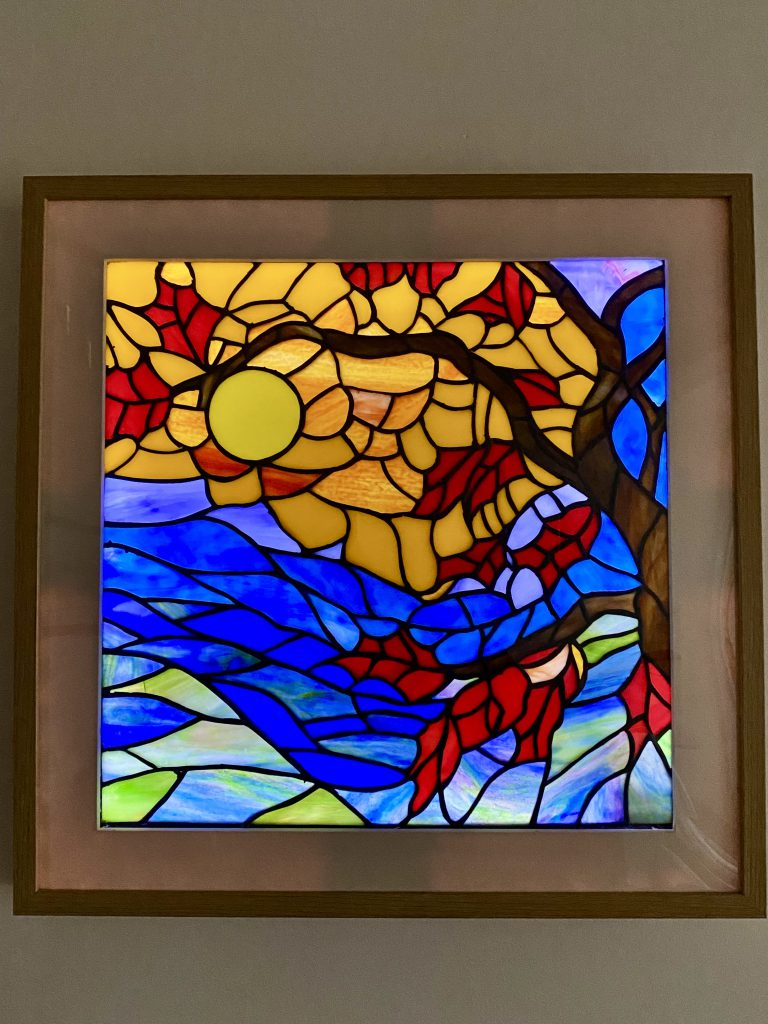 Stained glass autumn tree maple red framed