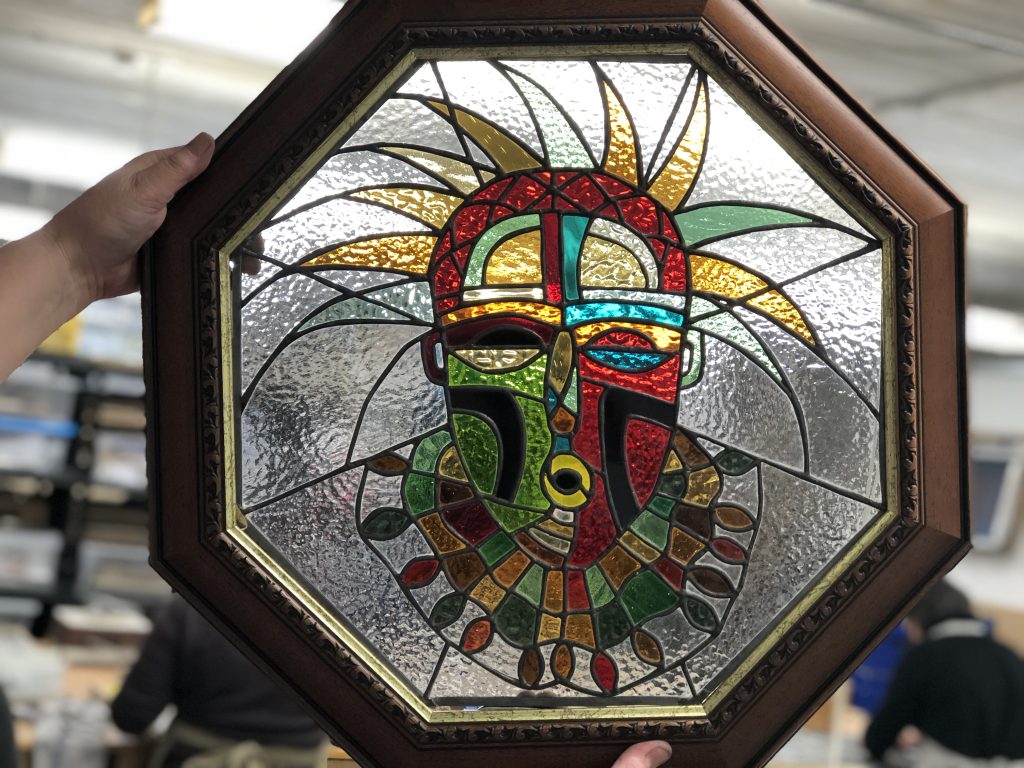 Stained glass aztec warrior octagonal b