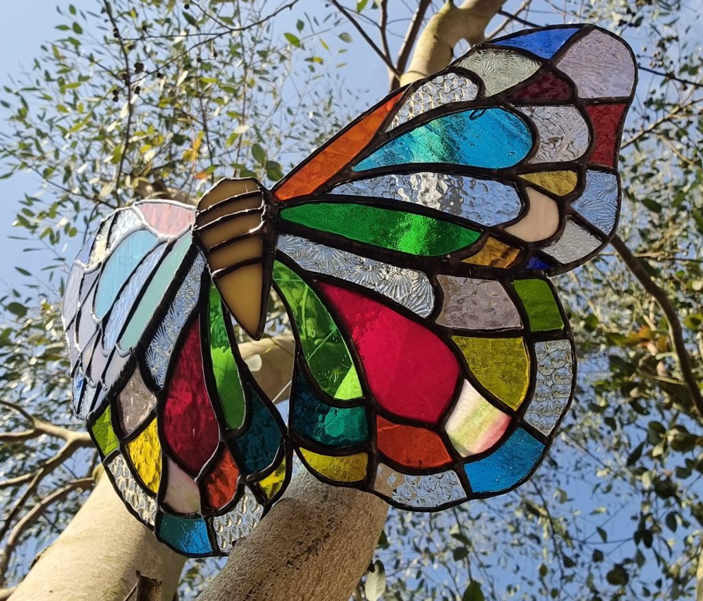 Stained glass butterfly panel hanging