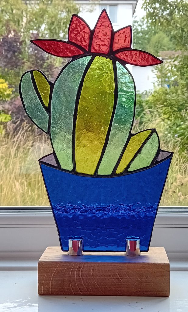 Stained glass cactus blue pot sculpture